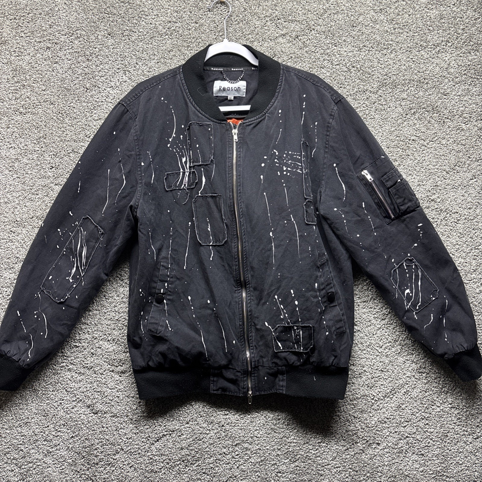 Reason Mens Xl Black Patchwork Paint Splatter Bomber Jacket Detroit Streetwear